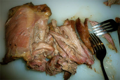 Shredding cooked turkey carnitas meat