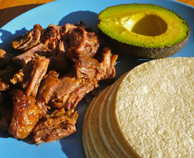 Shredded Oxtail Meat, Corn Tortillas and Avocado