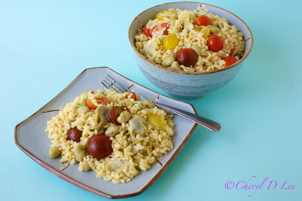 Orzo Salad with Fava Bean, Artichoke Hearts and Tomatoes