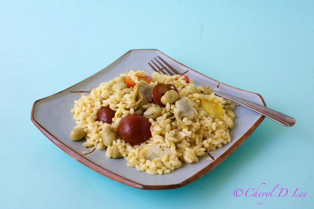 Orzo Salad with Fava Bean, Artichoke Hearts and Tomatoes
