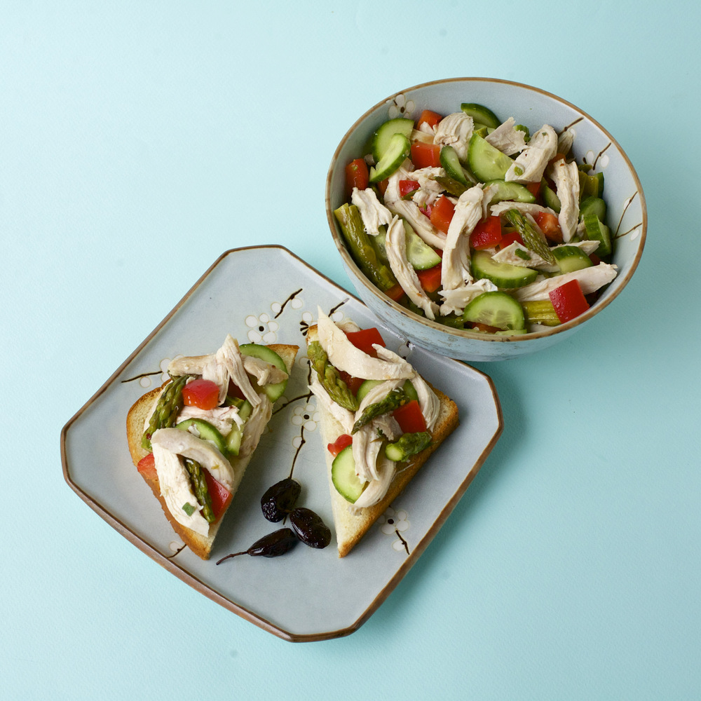 Chicken Salad with Roasted Asparagus, Red Pepper and Cucumber